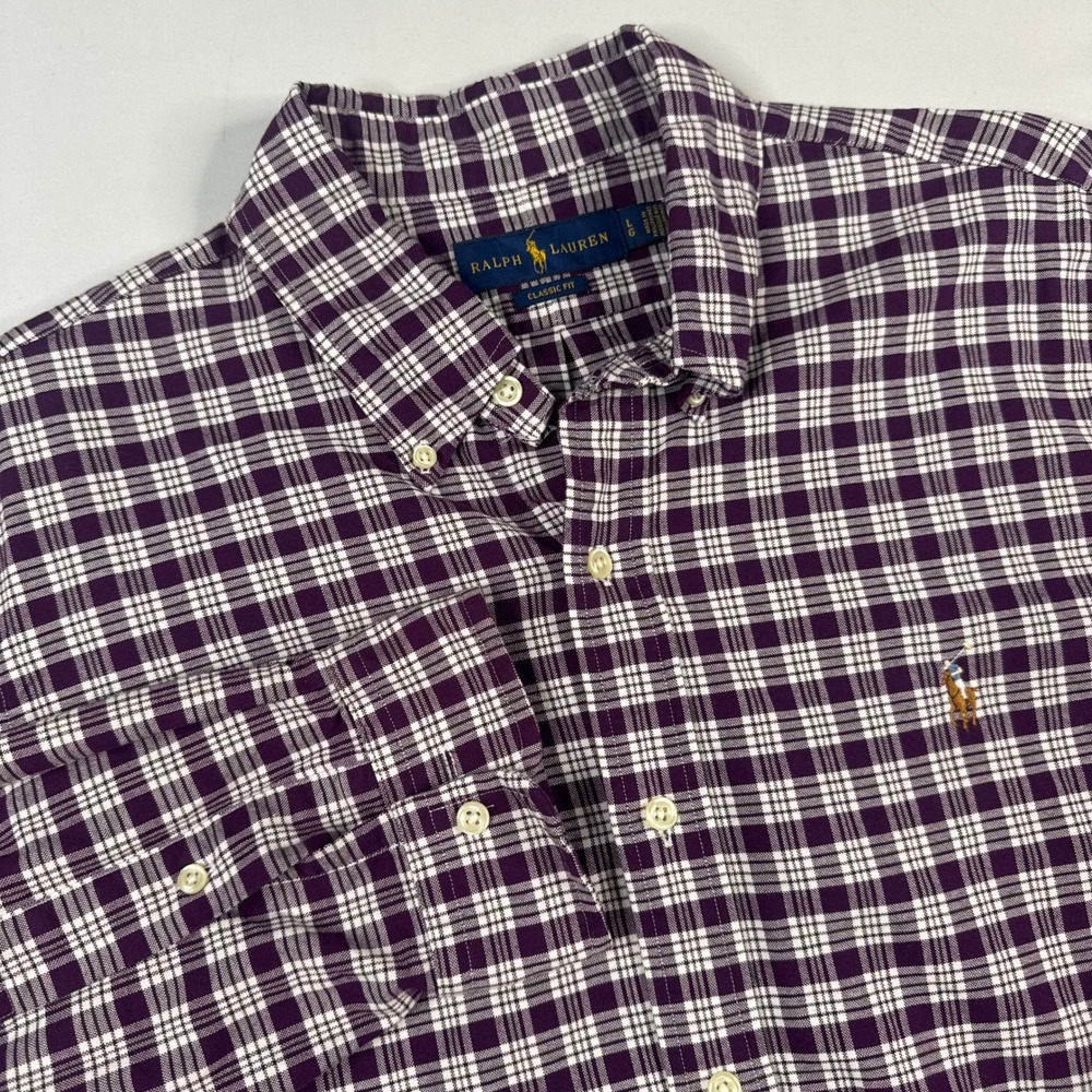 Polo Ralph Lauren Button Down Shirt Mens Large Purple Plaid Classic Long Sleeve